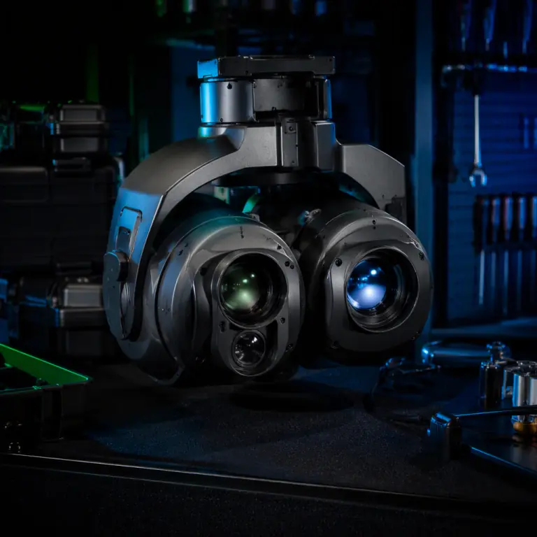 Professional photograph of a dual-sensor inspection gimbal with thermal and 30x zoom EO cameras side by side on a dark workbench, lens glass catching green and blue accent light, precision optronics aesthetic, no people faces, no text, no logos