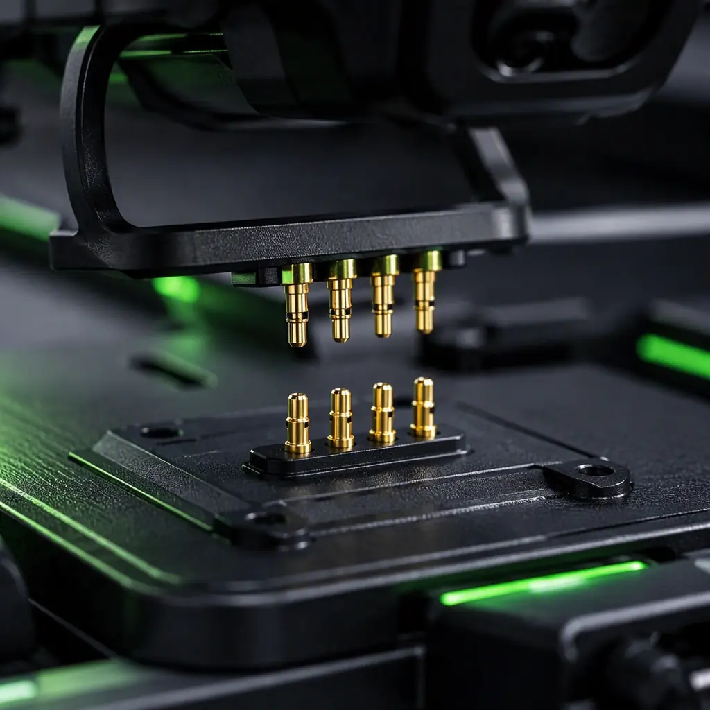 Macro photograph of gold-plated pogo pin charging contacts on a UAV landing skid and dock pad, dark bench, precision engineering aesthetic, green accent lighting, no people faces, no text, no logos