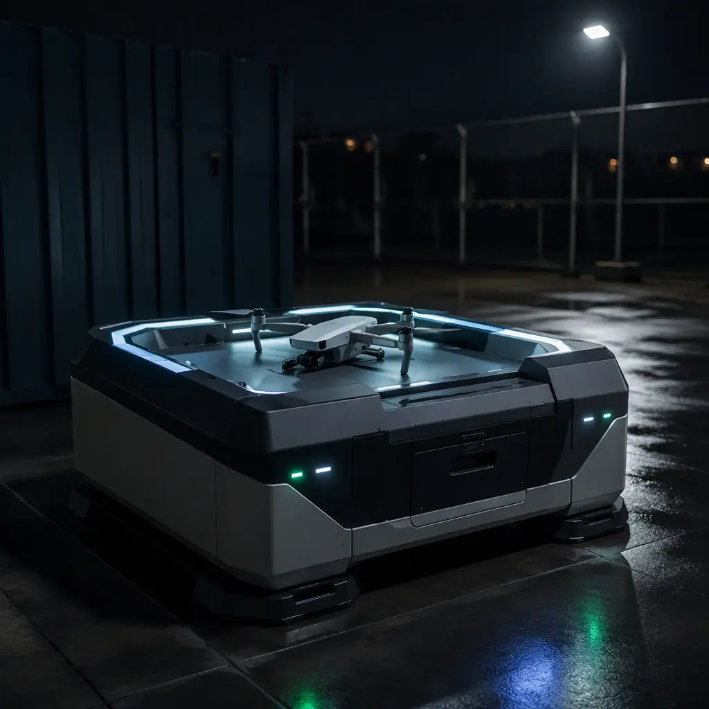 Photograph of an autonomous UAV docking station with an open-top landing pad and charging contacts, industrial design in a dark environment with green status LED accents, no people faces, no text, no logos