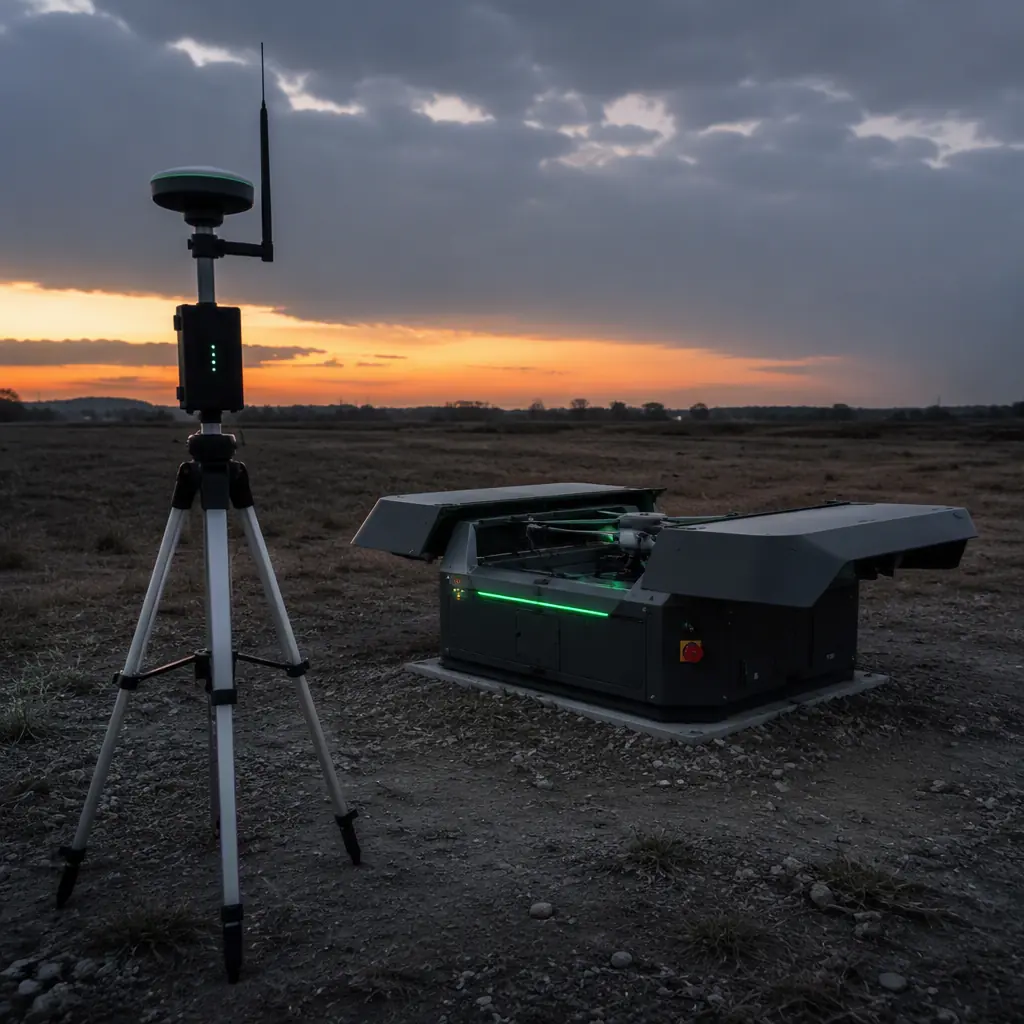 Photograph of an RTK GNSS base station on a tripod beside a UAV docking station in a field at dusk, radio antenna and receiver module, dark engineering aesthetic with green accent lighting, no people faces, no text, no logos