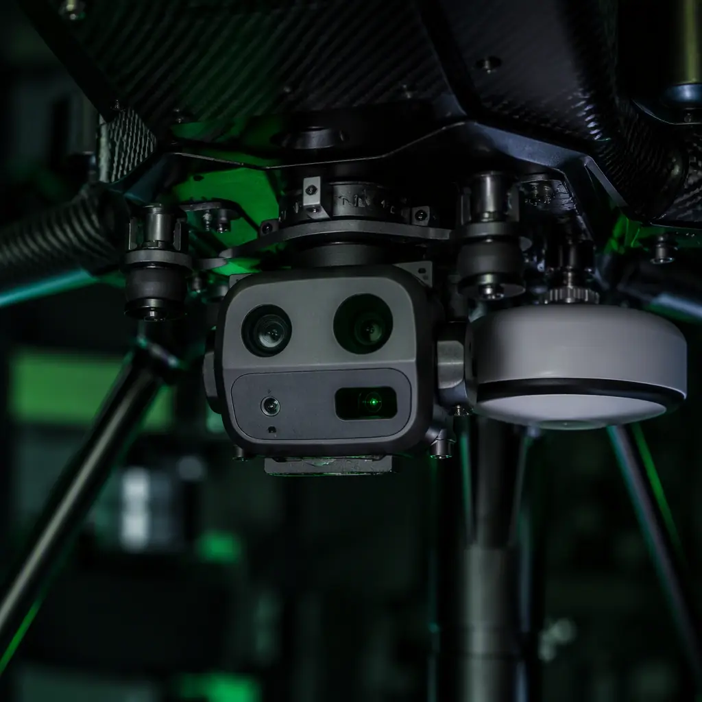 Macro photograph of a UAV downward-facing sensor cluster — optical flow camera, rangefinder and RTK antenna — mounted under a carbon fiber drone, dark workshop, green accent lighting, no people faces, no text, no logos