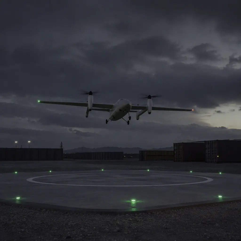 Photograph of a VTOL fixed-wing UAV approaching a landing pad in a compound, transitioning from wing-borne flight to hover, dark evening sky with green runway edge lighting, no people faces, no text, no logos