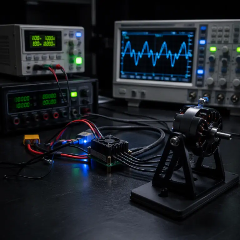 Photograph of a UAV ESC and motor functional test bench with a brushless motor mounted on a small thrust stand, power supply, current logger and oscilloscope on a dark lab bench, green status LED indicators, precision test equipment aesthetic, no people faces, no text, no logos