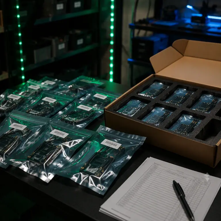 Photograph of UAV component lot packaging ready for shipment with anti-static bags, foam inserts, serial-labeled boxes and packing checklist on a warehouse table, green and blue accent lighting, professional logistics atmosphere, no people faces, no text, no logos