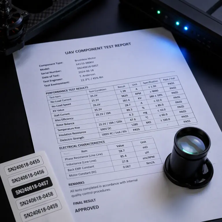 Macro photograph of a UAV component test report document with serial number labels and a magnifying loupe on a dark desk, printed tables with measured values, precision documentation aesthetic with green accent lighting, no people faces, no text, no logos