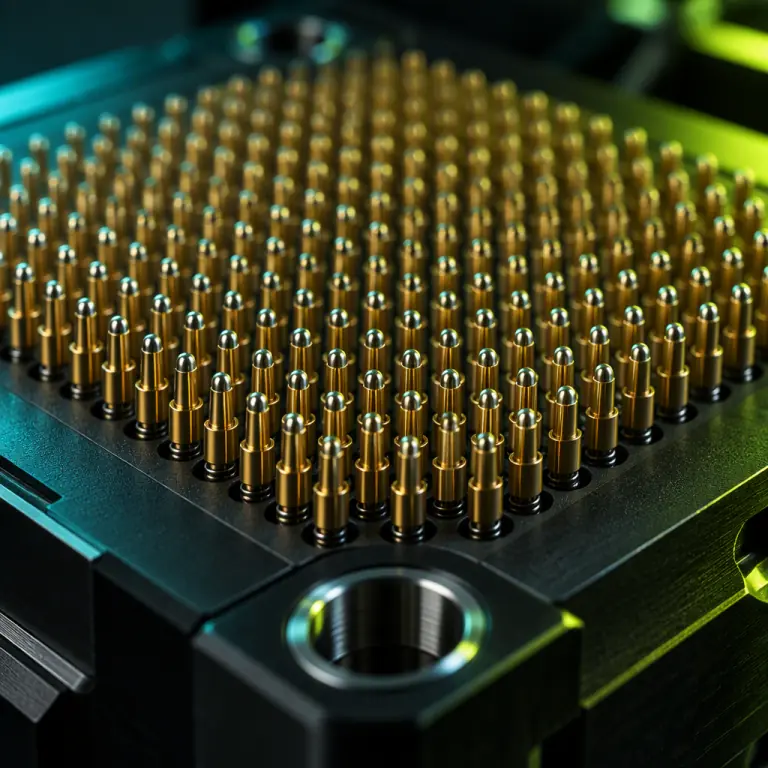 Extreme macro photograph of a bed-of-nails test fixture probe card showing a dense field of gold-plated spring-loaded pogo pins in a dark housing, precise machined alignment bores at the corners, teal rim lighting against a dark background, no people faces, no text, no logos