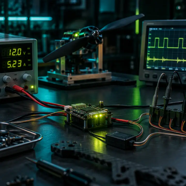 Photorealistic photograph of a UAV flight controller powered on a functional test bench with a bench power supply showing current draw, oscilloscope probes on a servo rail and a DShot signal captured on screen, dark laboratory bench with teal and lime green instrumentation glow, no people faces, no text, no logos