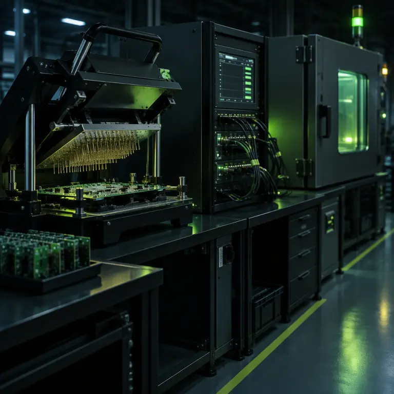 Photorealistic photograph of an electronics production test area with an in-circuit test station, a functional test rack and a thermal chamber in a row, dark industrial bench surfaces with teal and lime green indicator lighting, no people faces, no text, no logos