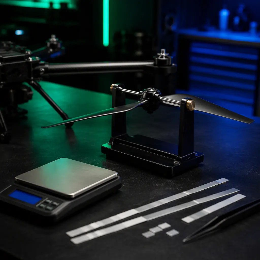 Technician field-balancing a UAV propeller on a bench with a magnetic balancer, thin balancing tape strips and a digital scale, multirrotor arm in the background, dark workshop with blue and green accent light, no people faces, no text, no logos