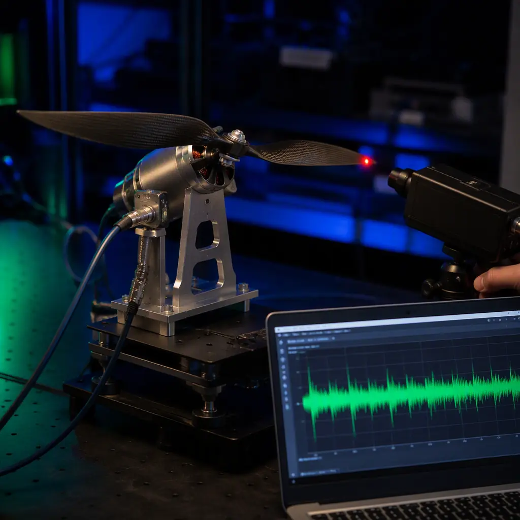 Motor and propeller mounted on an instrumented test rig with an accelerometer at the motor mount and a laser tachometer aimed at the blade tips, data cables to a laptop showing a vibration waveform, dark engineering bench with green accent light, no people faces, no text, no logos