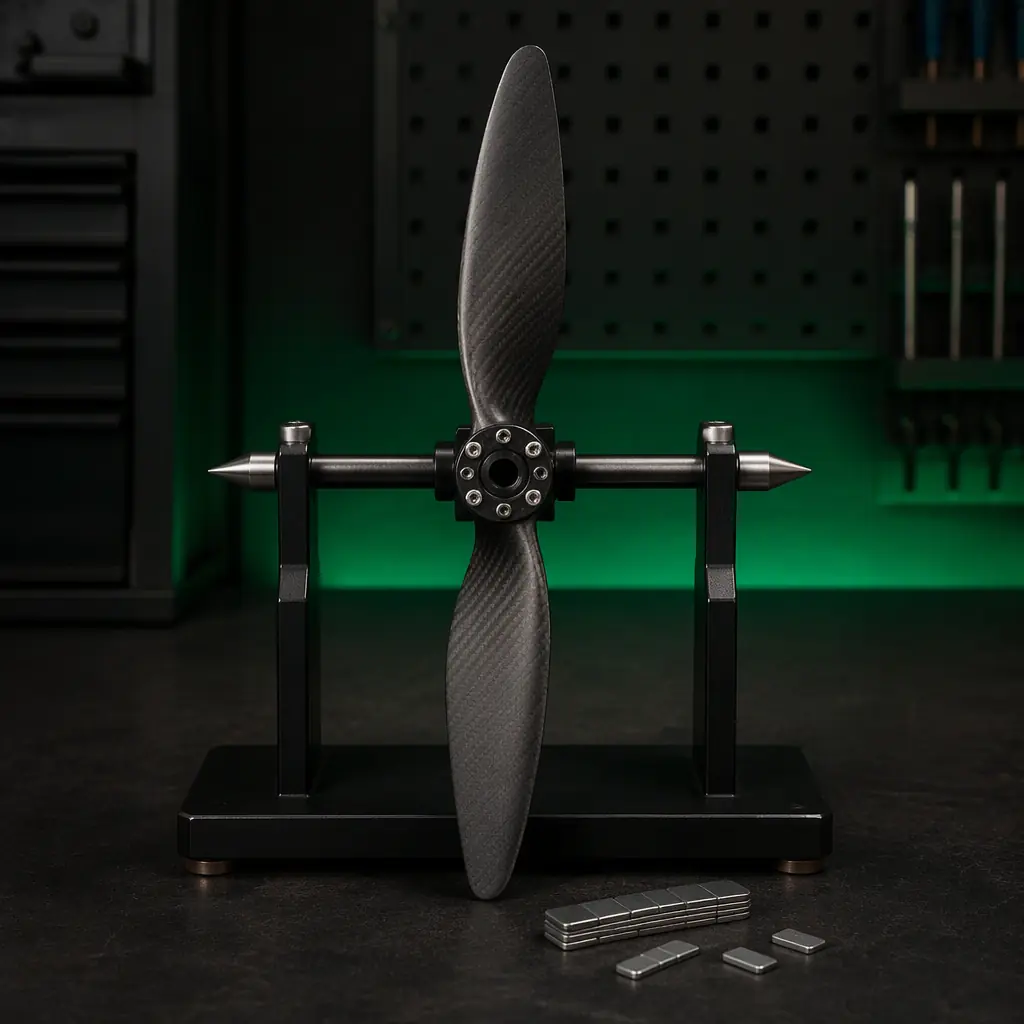 UAV propeller resting on a magnetic static balancing fixture — the heavy blade rotated to the bottom position, small balance weights and sandpaper on the bench, dark workshop with green accent light, no people faces, no text, no logos