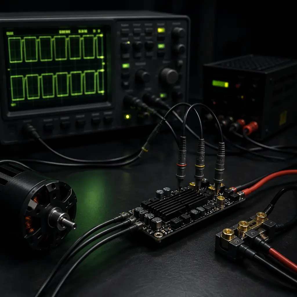 ESC testing station with oscilloscope probes monitoring voltage ripple, current shunt, and thermal camera on MOSFET array