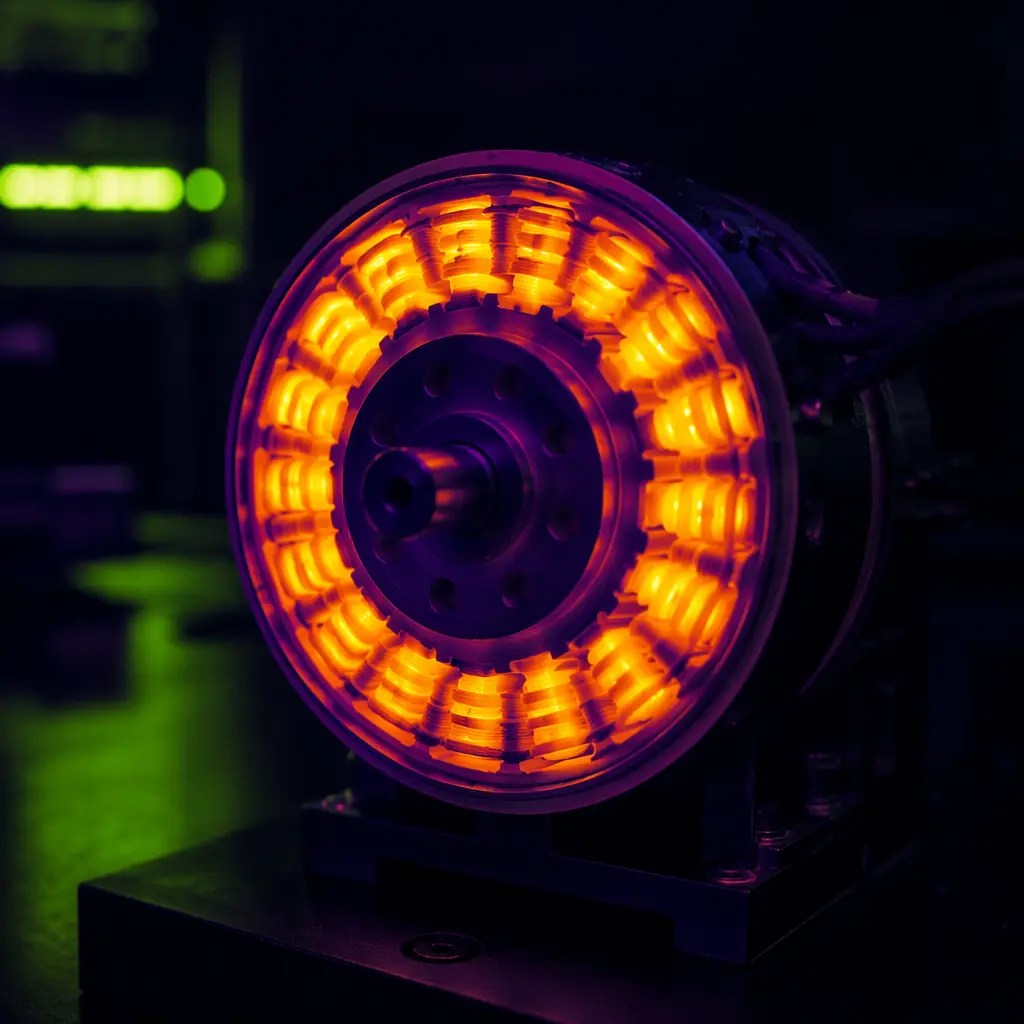 Thermal camera view of brushless UAV motor running on test stand showing winding hotspot pattern and heat dissipation through stator