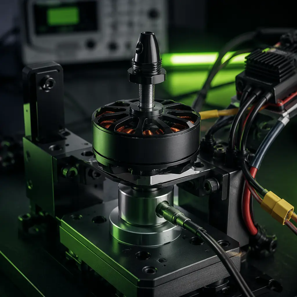 UAV motor thrust test stand with brushless motor mounted vertically, load cell, ESC and power supply on lab bench