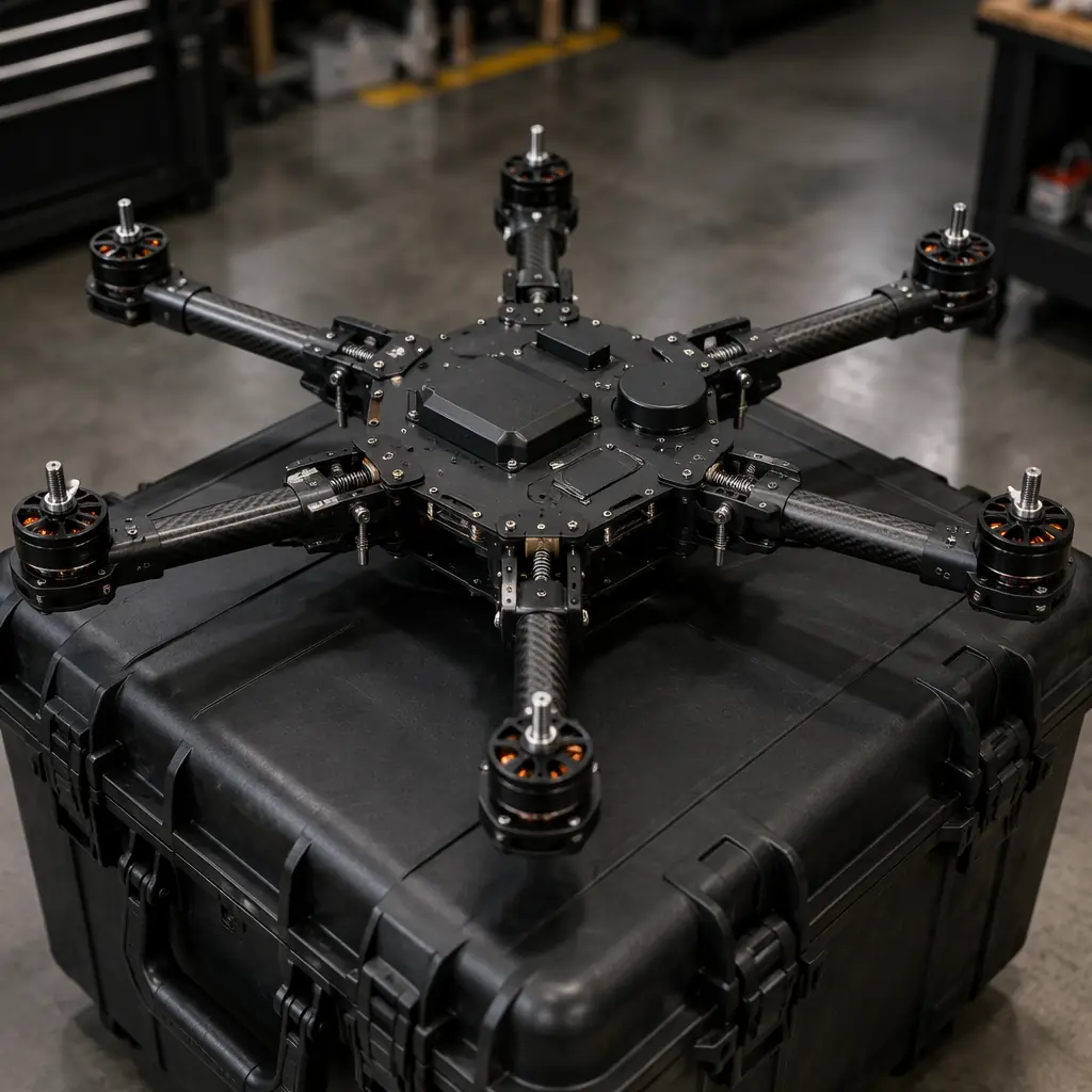 Folding hexacopter airframe for public safety UAV with rapid-deployment arm locks and redundant propulsion, dark tactical workshop aesthetic