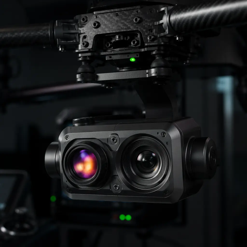 Thermal imaging camera payload with dual sensor (thermal + optical) on stabilized gimbal for public safety UAV, dark tactical aesthetic