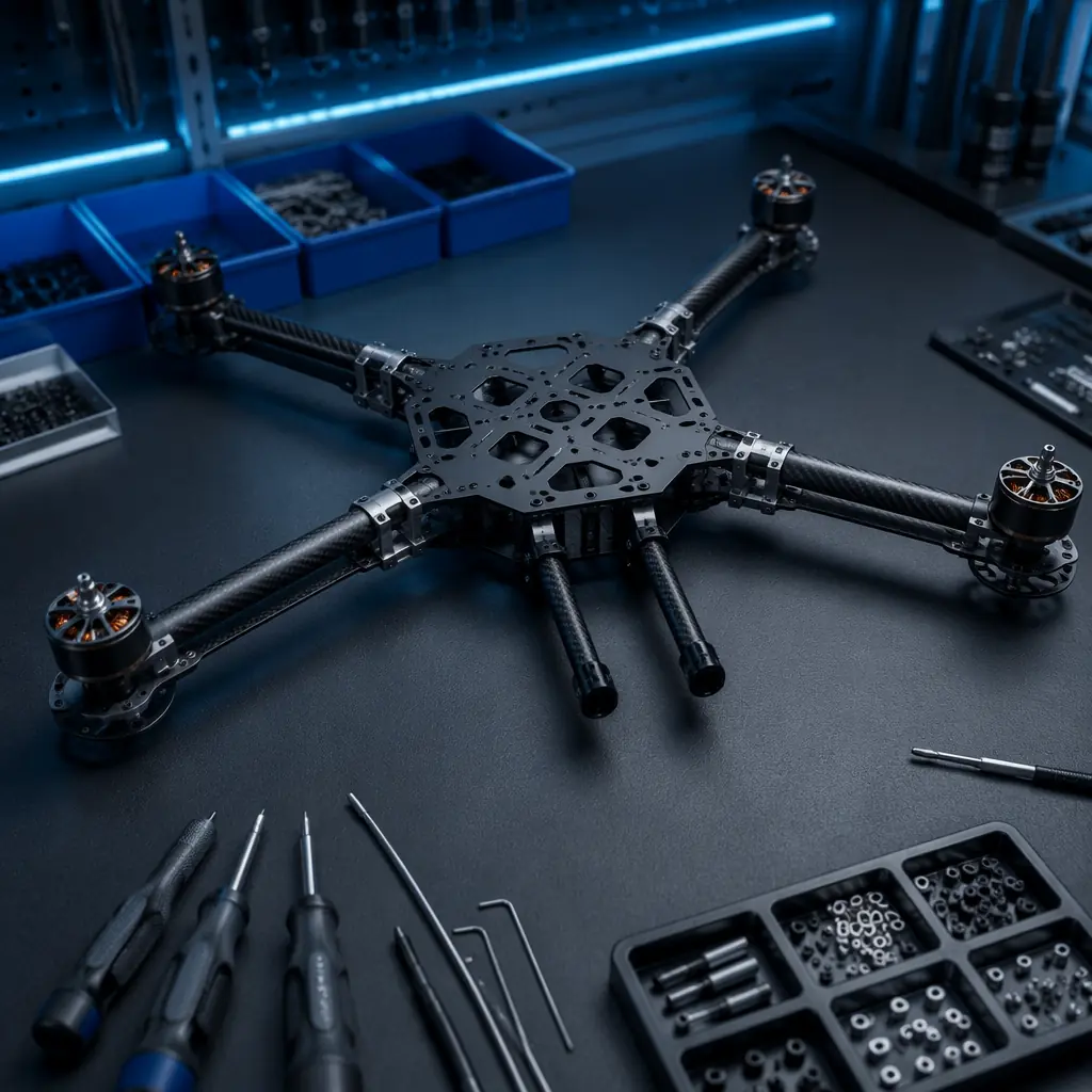 Modular UAV airframe with interchangeable carbon fiber arms, dual payload rails and quick-disconnect wiring system on engineering assembly bench