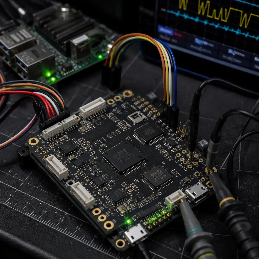Open-source flight controller development board with PX4 firmware, connected to sensor modules and oscilloscope probes on dark engineering workbench