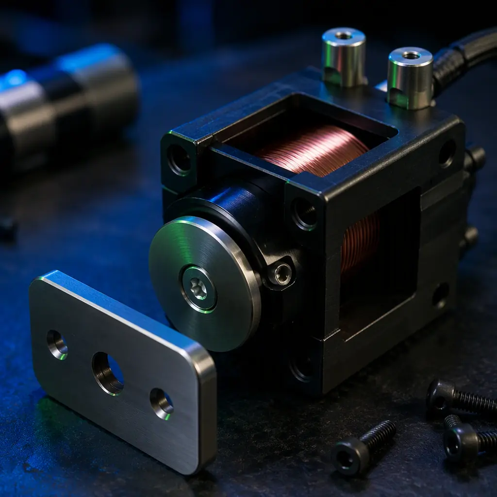 Macro photo of an electro-magnet release coupler with steel capture plate, machined metal parts with visible coil windings on a dark workbench, green and blue accent lighting, no people faces, no text, no logos