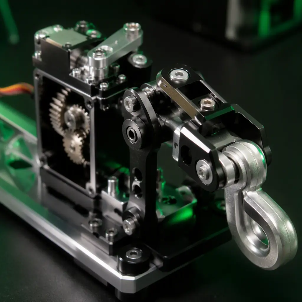 Close-up of a UAV servo-driven latch hook mechanism holding a payload loop, machined aluminum and black anodized parts on a dark bench with green accent lighting, no people faces, no text, no logos