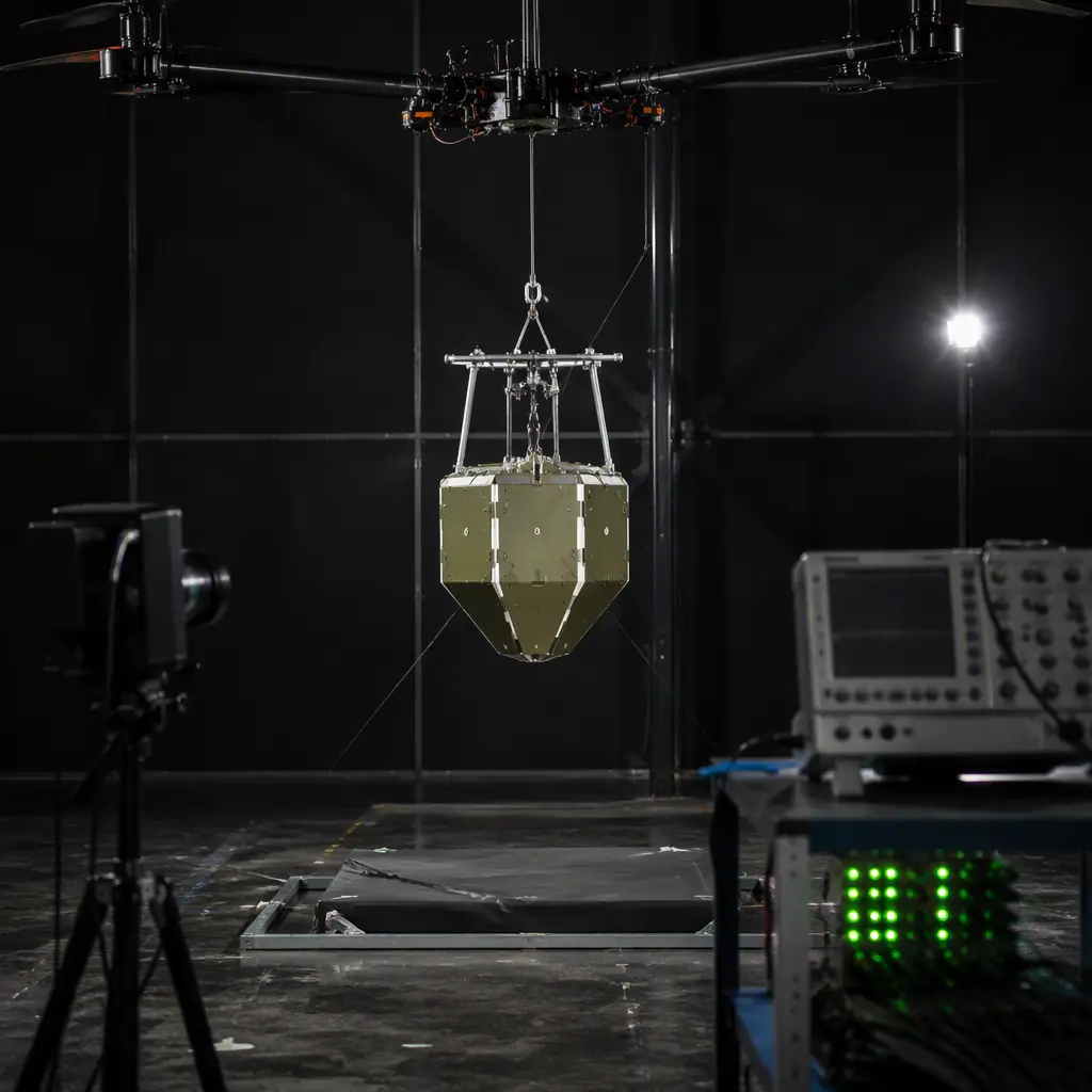 UAV payload drop test rig with an instrumented test article suspended under a drone frame, high-speed camera on a tripod, dark industrial testing hall with green accent lighting, no people faces, no text, no logos