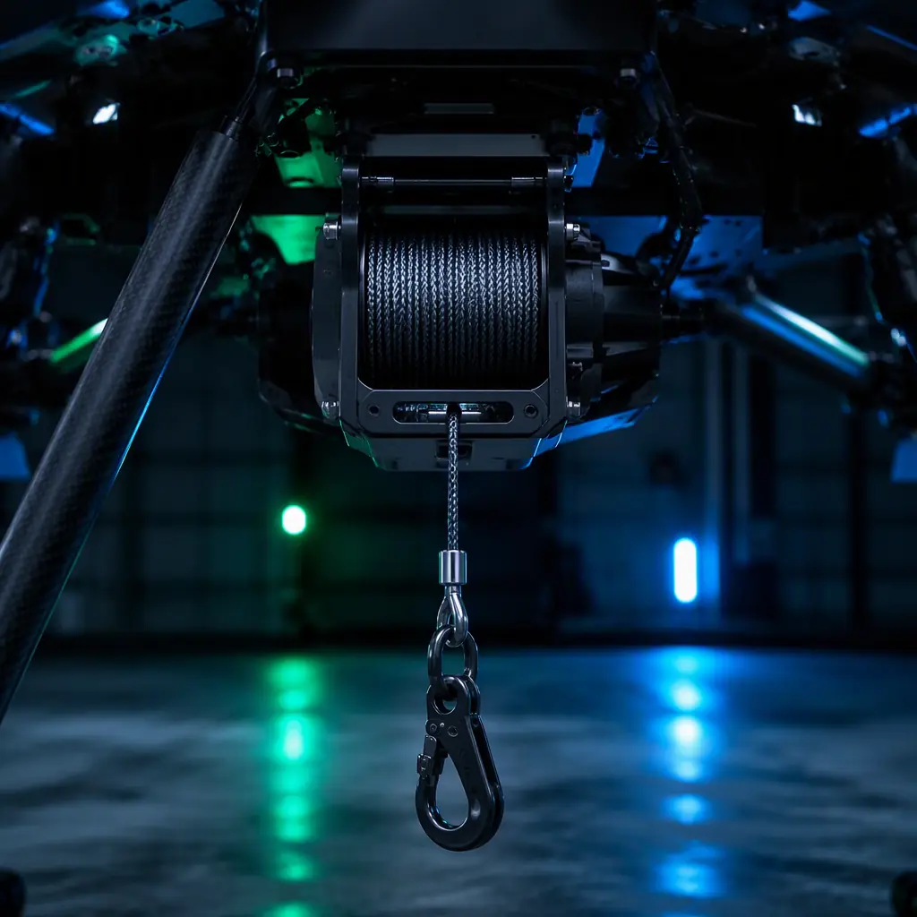 UAV winch lowering system with spooled line and cargo hook beneath an industrial drone airframe, dark hangar scene with green and blue accent lighting, no people faces, no text, no logos
