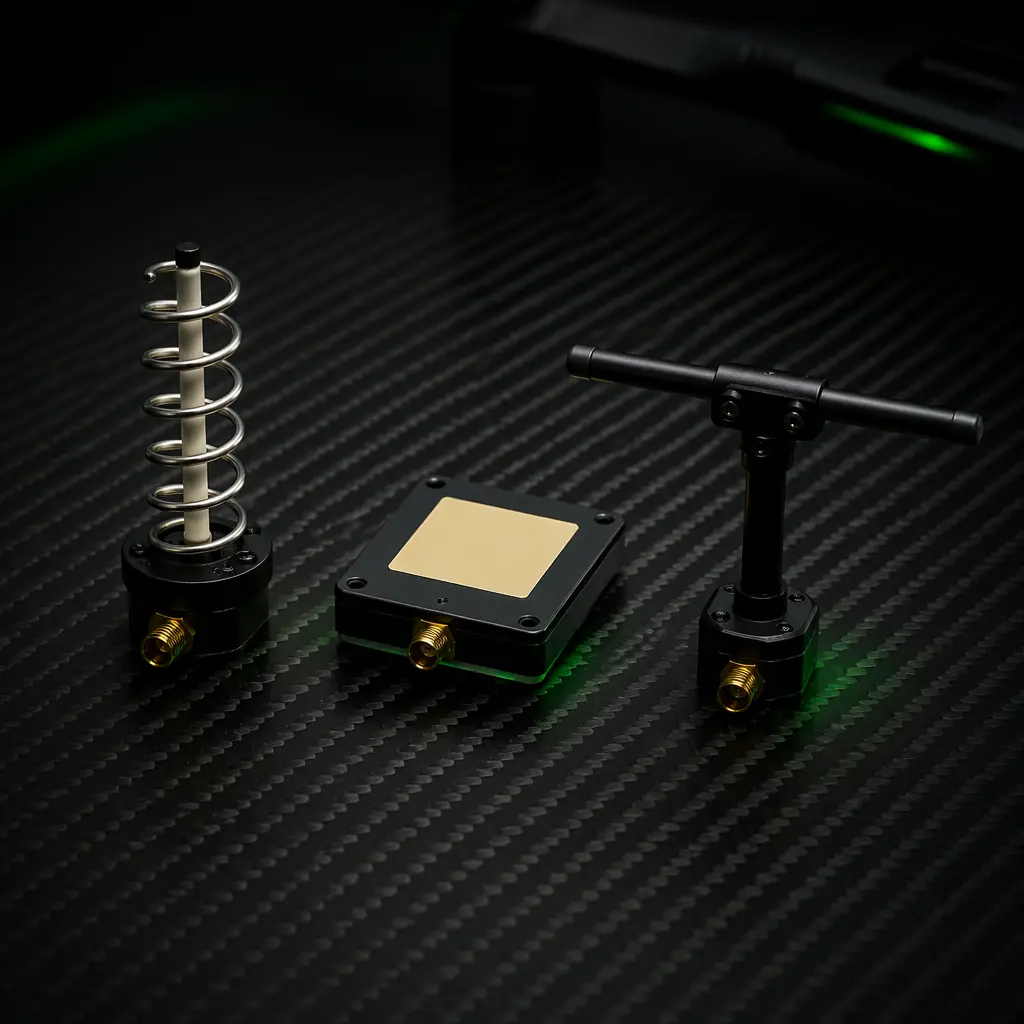 Three UAV antenna types — helical, patch and dipole — arranged on dark carbon fiber surface