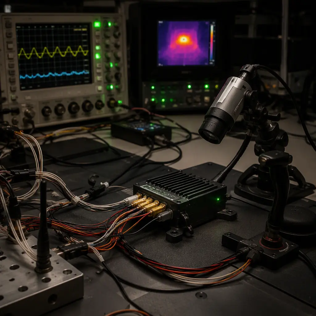 UAV component acceptance testing bench with a flight controller connected to a test harness, oscilloscope and thermal sensor, dark laboratory with green LED indicators, no people faces, no text, no logos