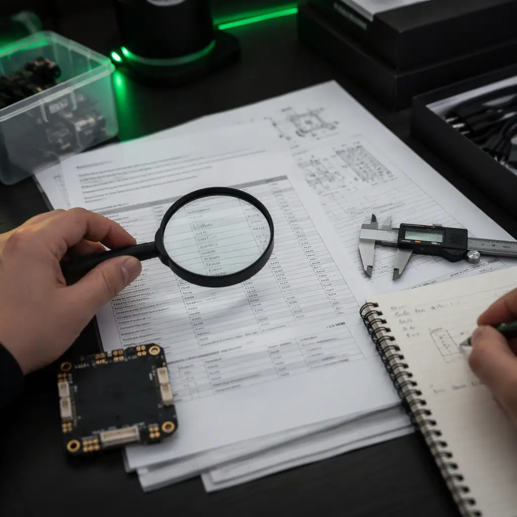 Engineer reviewing a UAV component datasheet with a magnifier and calipers on a dark desk, flight controller board visible, technical documents with green accent lighting, no people faces, no text, no logos