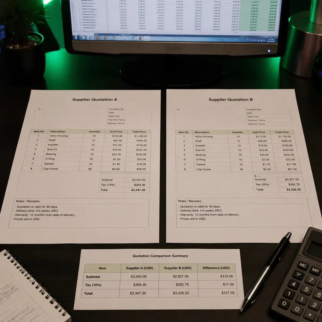 Two supplier quotation documents side by side on a dark desk with a comparison table, engineering BOM spreadsheet on a monitor, green accent lighting, no people faces, no text, no logos