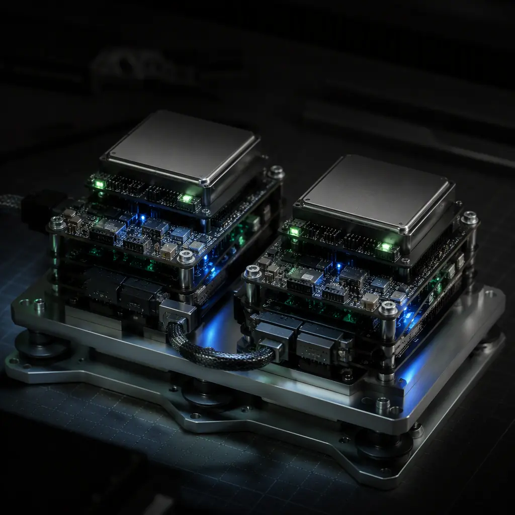 3D render of dual redundant flight controller stack on vibration-isolated mounting plate — two autopilot boards with stacked IMU modules, CAN bus interconnect and status LEDs, dark aerospace engineering visualization with green indicator accents, precision electronics aesthetic, no people faces, no text, no logos