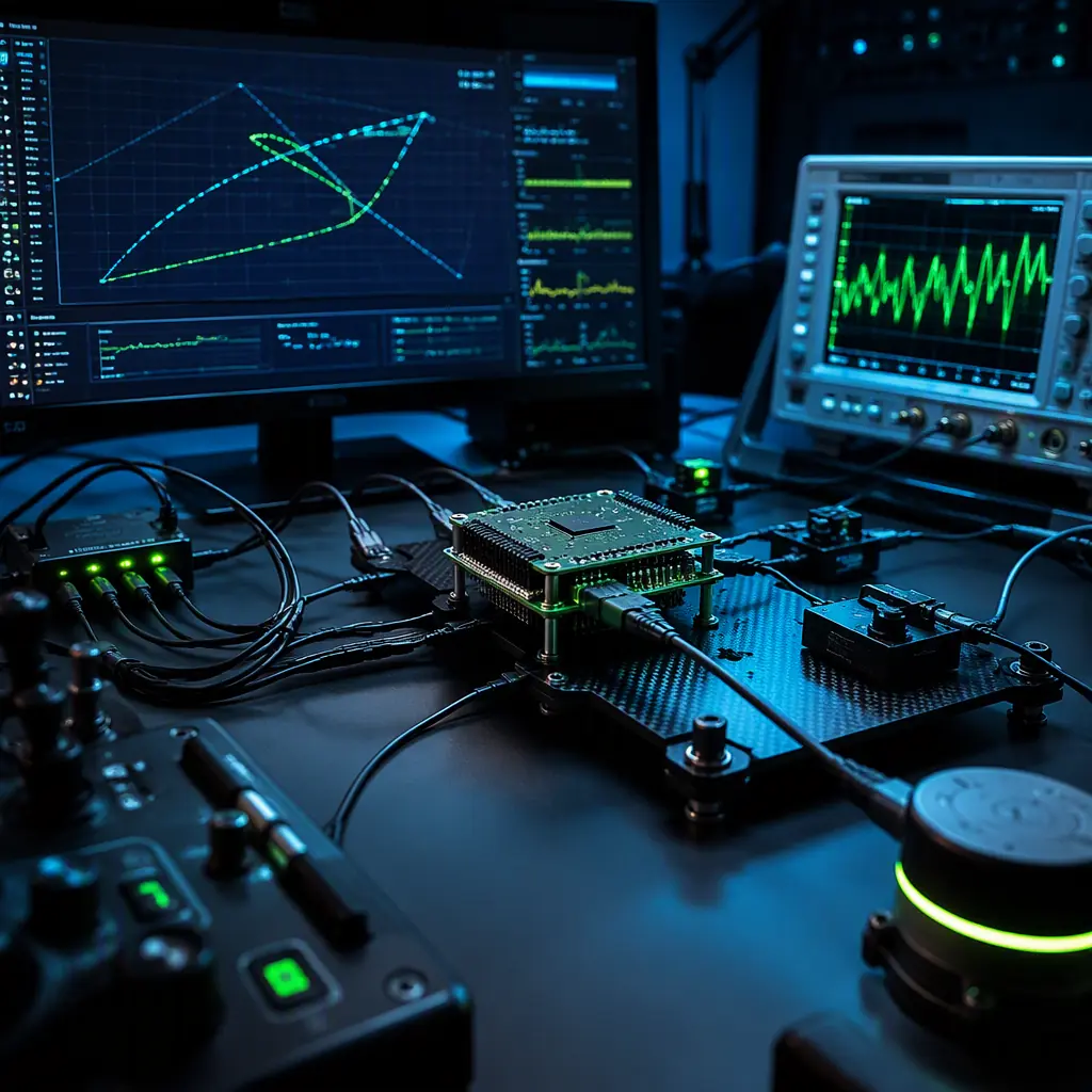 UAV flight controller fail-safe testing bench — autopilot connected to test harness with simulator display showing return-to-launch flight path, geofence boundary and telemetry data, dark engineering laboratory with green waveform traces, precision testing instrumentation photography, no people faces, no text, no logos