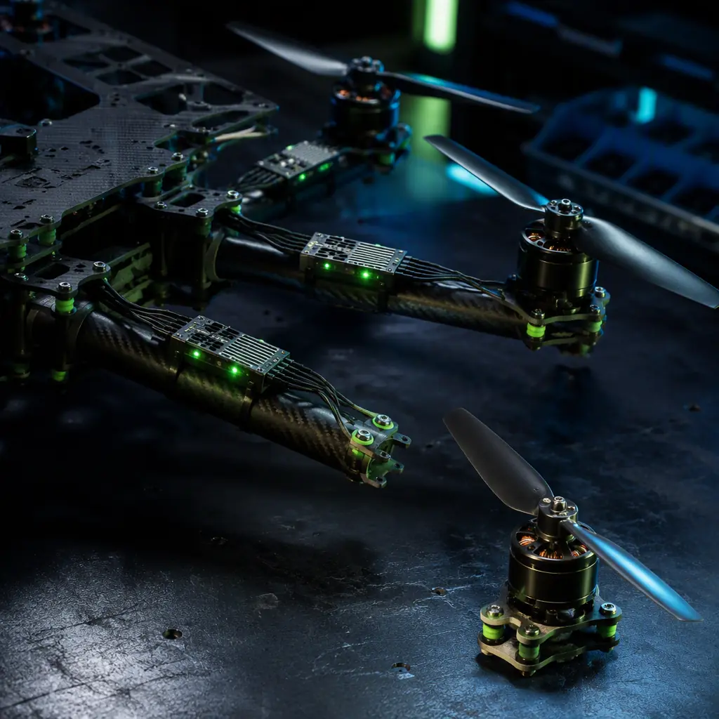 Macro photograph of industrial UAV propulsion arm showing motor, ESC and propeller assembly with reinforced mounting — the failure-prone components of a multirotor, dark engineering workshop lighting with green status LEDs, precision hardware photography, no people faces, no text, no logos