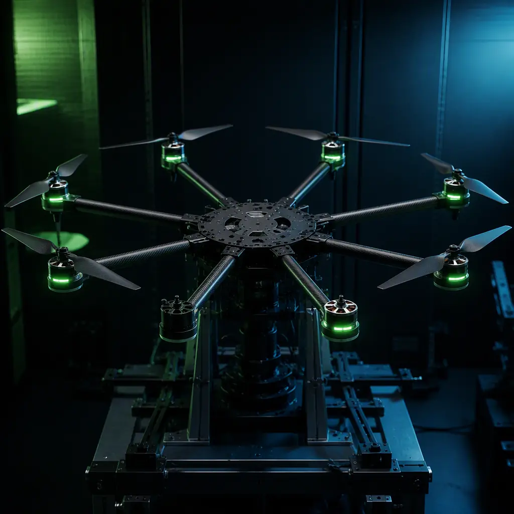 Technical concept of octocopter propulsion array with one motor highlighted as failed — eight brushless motors and ESCs on carbon fiber arms, dark engineering visualization with green operating indicators on seven arms and warning color on the eighth, aerospace systems illustration style, no people faces, no text, no logos