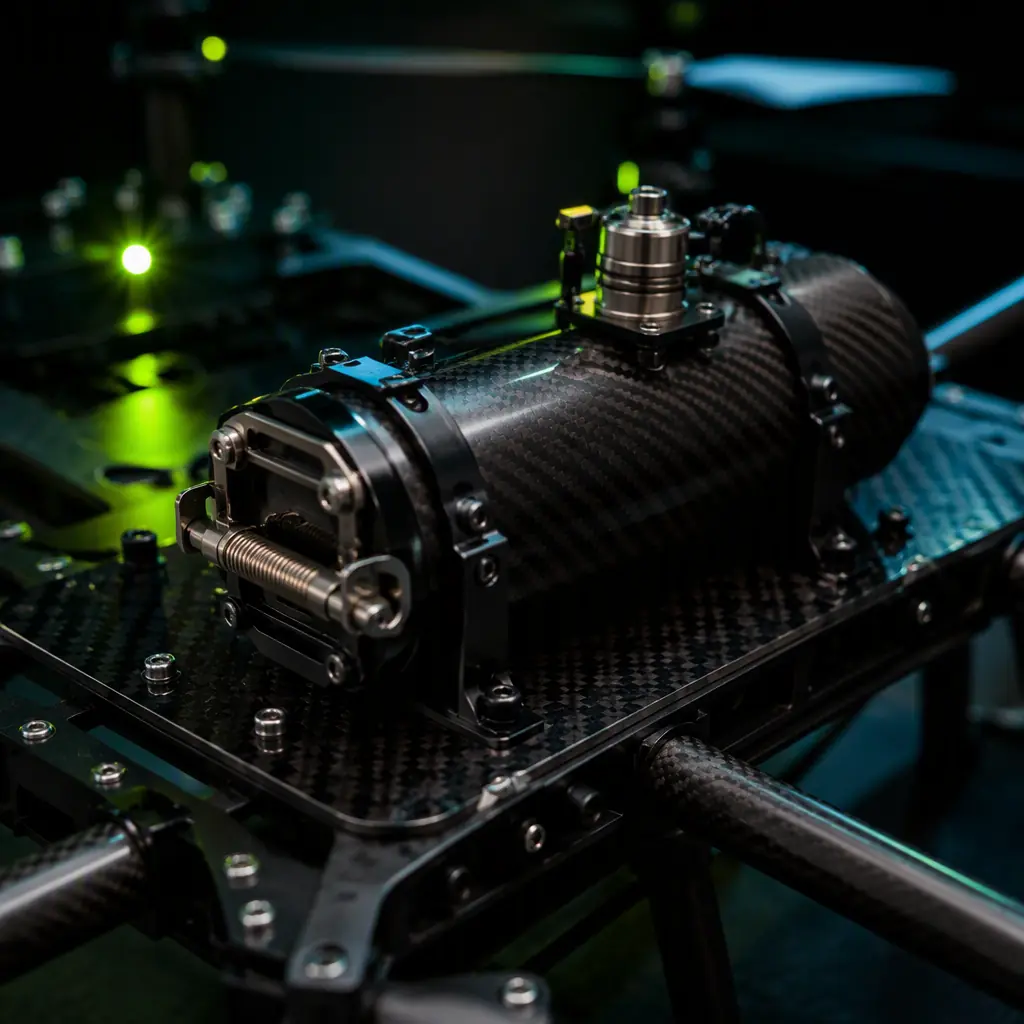 Photorealistic close-up of UAV ballistic recovery parachute canister with pyrotechnic deployment actuator and cover release mechanism, mounted on carbon fiber airframe top plate, aerospace hardware photography with green accent lighting, precision engineering aesthetic, no people faces, no text, no logos