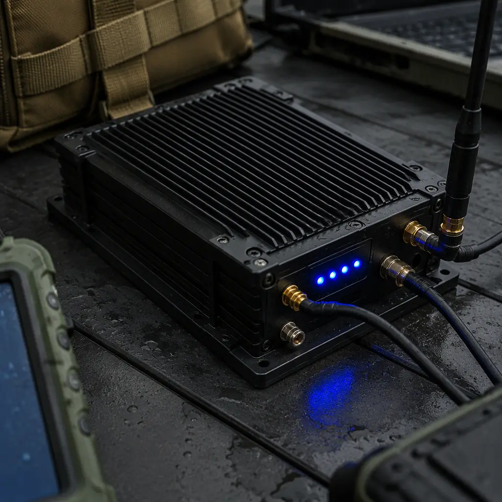 Photograph of a rugged long-range video data link transmitter module with cooling fins and SMA antenna connectors on a dark field operations table, blue LED indicators, no people faces, no text, no logos