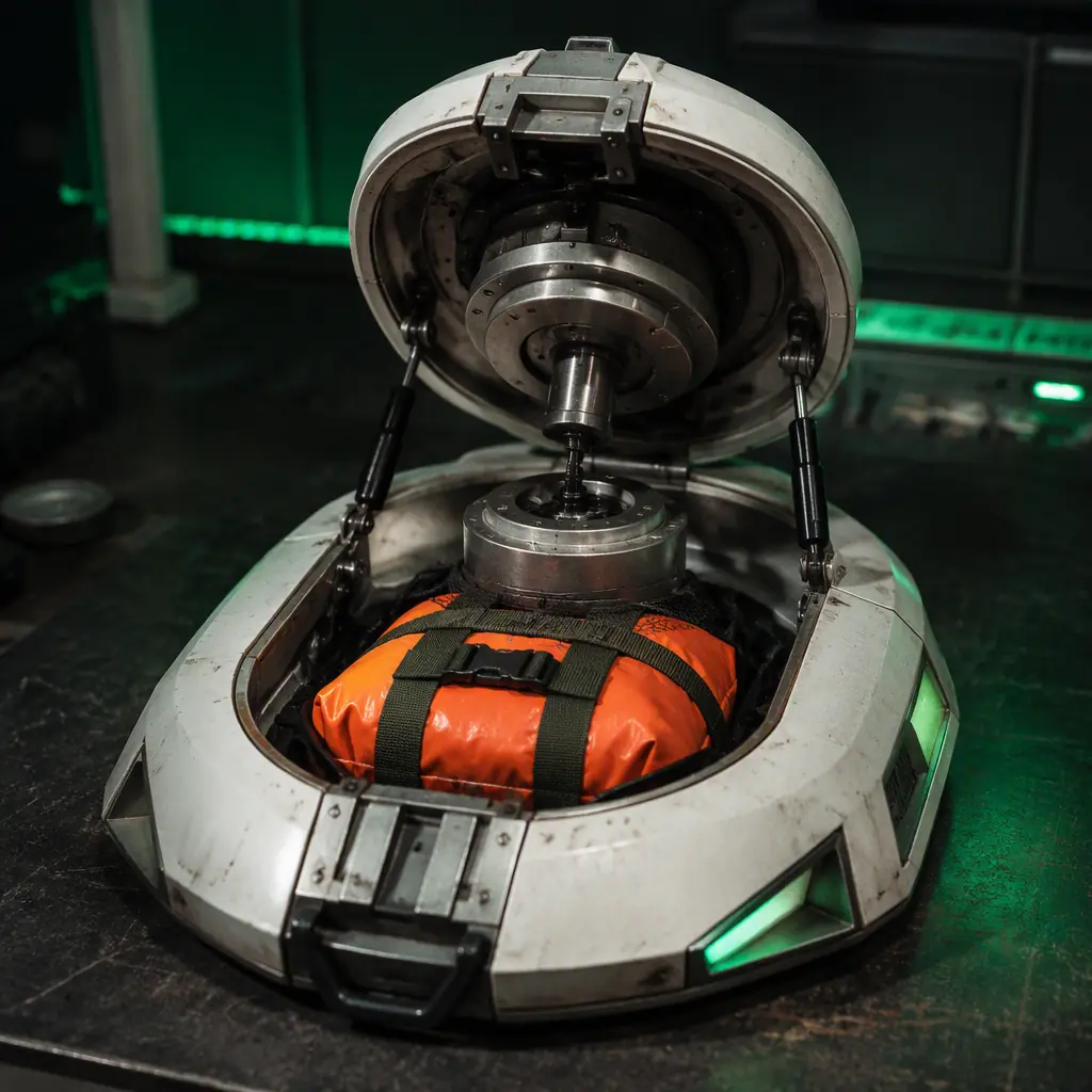 Photograph of an open rescue supply drop pod with an electro-magnet release mechanism on a dark workbench, small orange life vest package inside, industrial design, green accent lighting, no people faces, no text, no logos