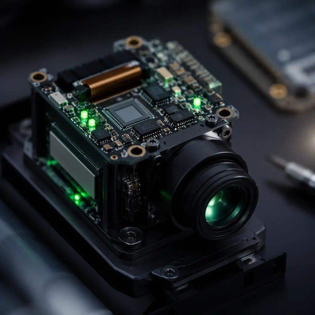 Macro photograph of a radiometric thermal imaging camera core module with sensor board and lens on a dark engineering bench, green LED indicators, precision electronics aesthetic, no people faces, no text, no logos