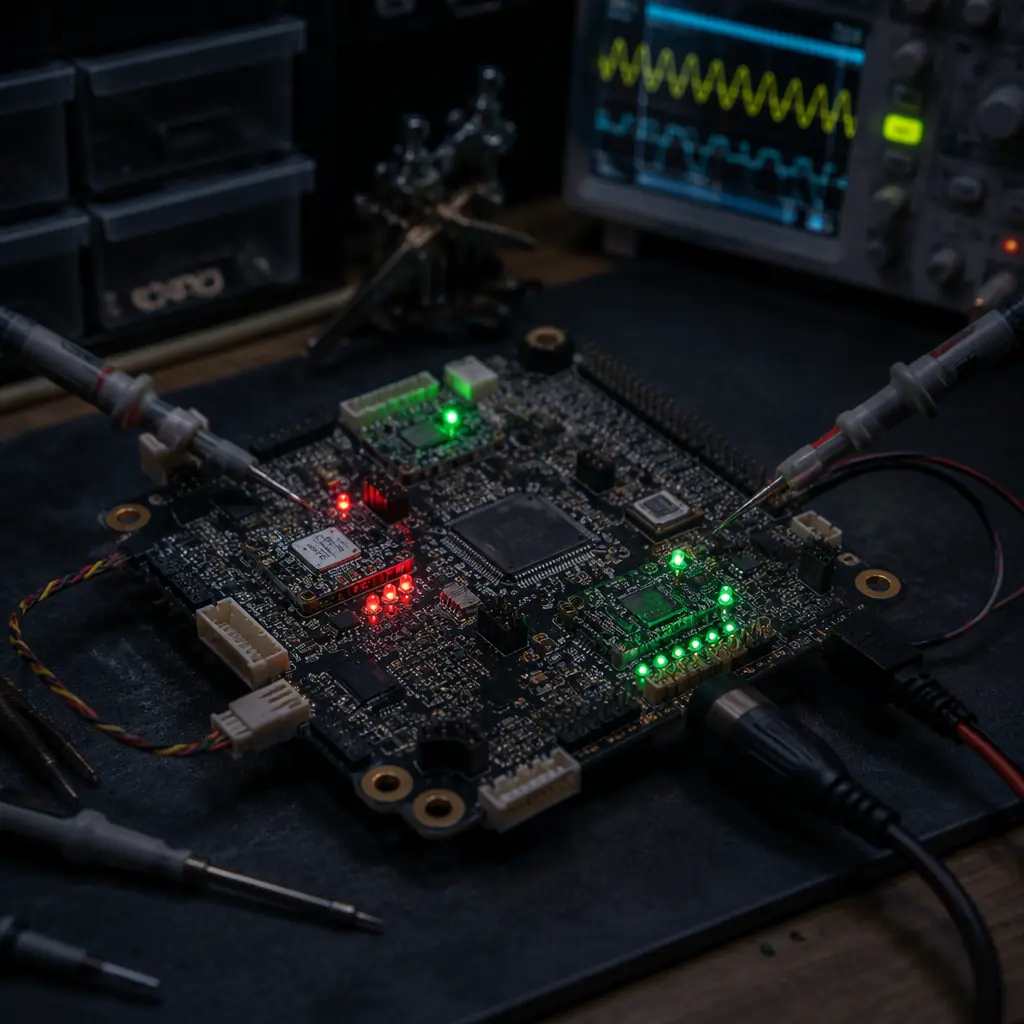 UAV flight controller with redundant sensor failover logic displayed as LED status indicators on test bench