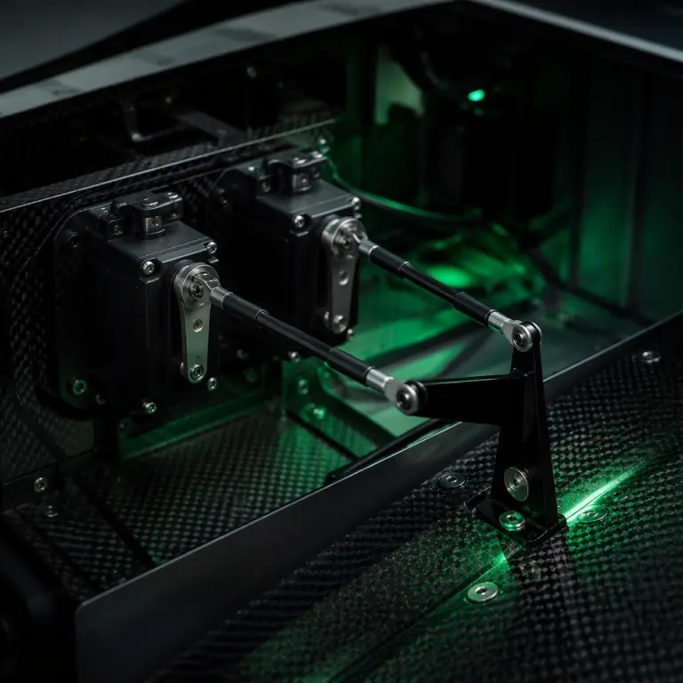Photograph of two identical UAV servos mounted side by side driving a single control surface horn through independent linkages, dark airframe workshop, industrial precision aesthetic, green accent lighting, no people faces, no text, no logos