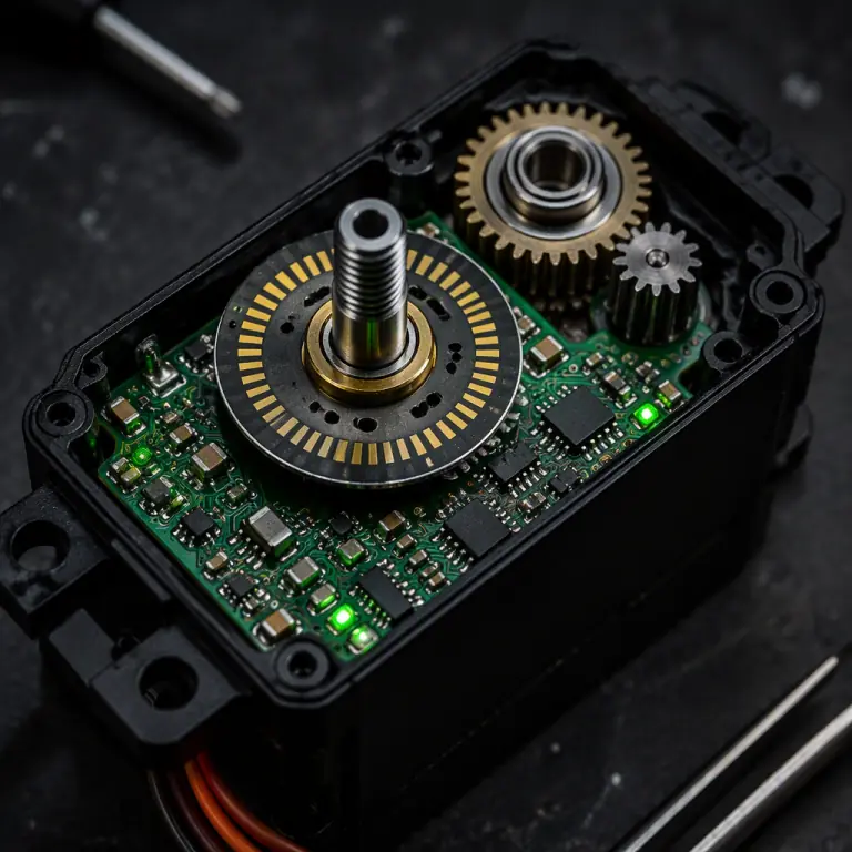 Macro photograph of an opened UAV servo showing the magnetic encoder board and feedback electronics inside the case, printed circuit board with precision components, dark bench, green LED indicators, no people faces, no text, no logos