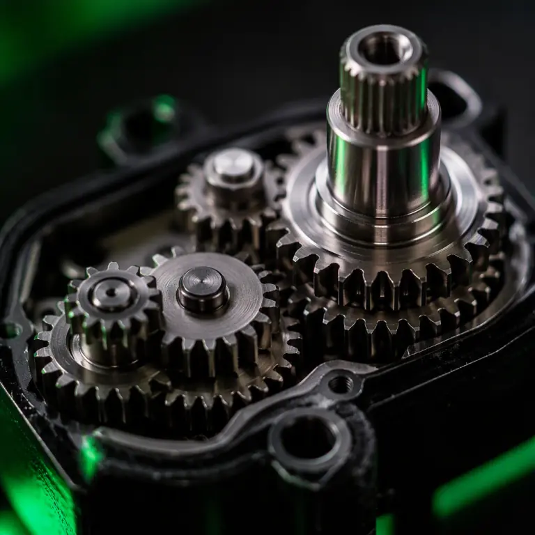 Extreme macro photograph of a UAV servo steel gear train with a machined output shaft, dark workshop background, green accent lighting reflections, precision aerospace aesthetic, no people faces, no text, no logos