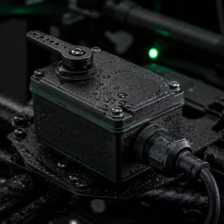 Macro photograph of a sealed IP-rated UAV servo with gasketed housing and waterproof connector, moisture beads on the casing, dark engineering environment, green accent light, no people faces, no text, no logos