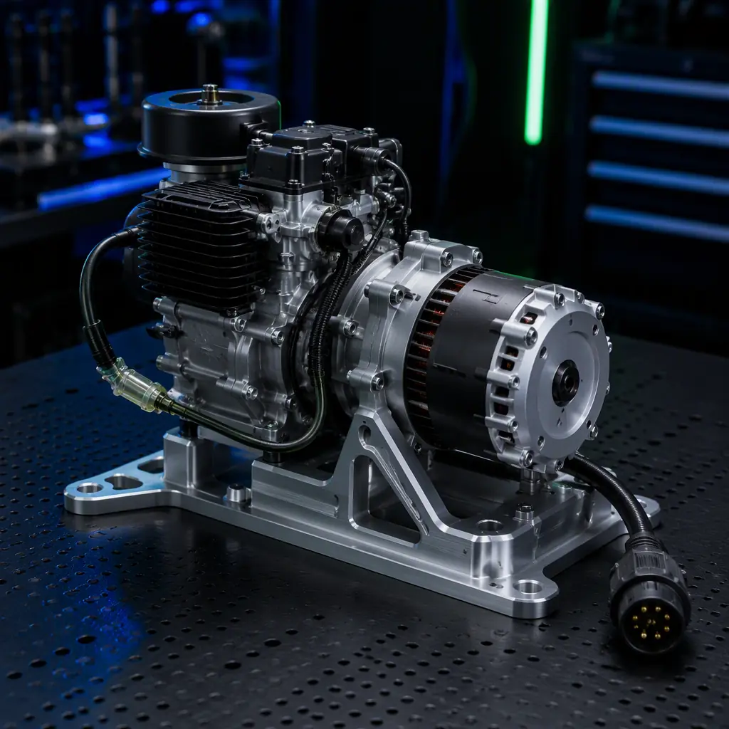 Compact series hybrid generator module for a UAV — small internal combustion engine coupled to an alternator on a machined mount, fuel line and electrical output connector, dark engineering bench with blue and green accent light, no people faces, no text, no logos