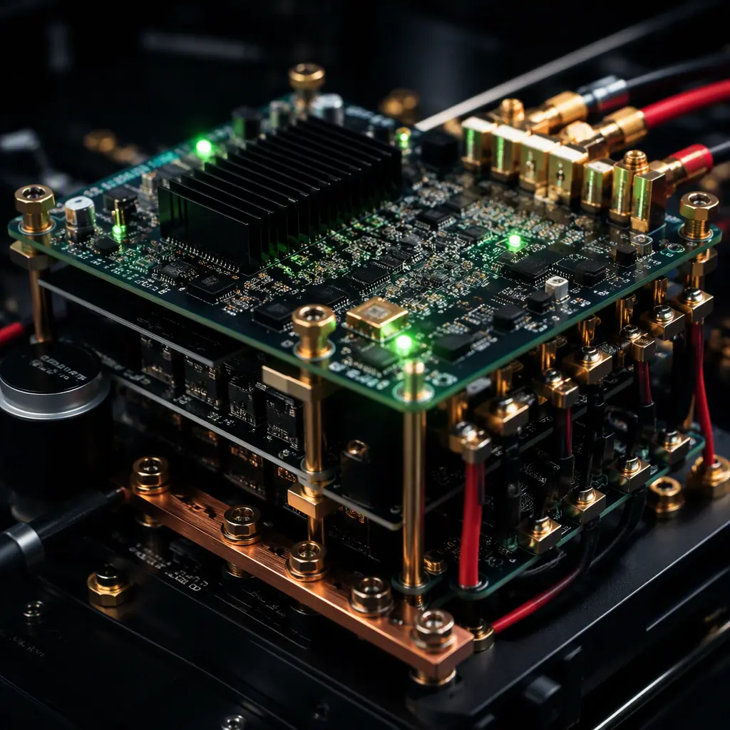 Power electronics stack for a hybrid UAV — MPPT controller board, DC-DC converters and a power distribution board with bus bars and connectors on a test bench, dark background with green LED indicators, no people faces, no text, no logos