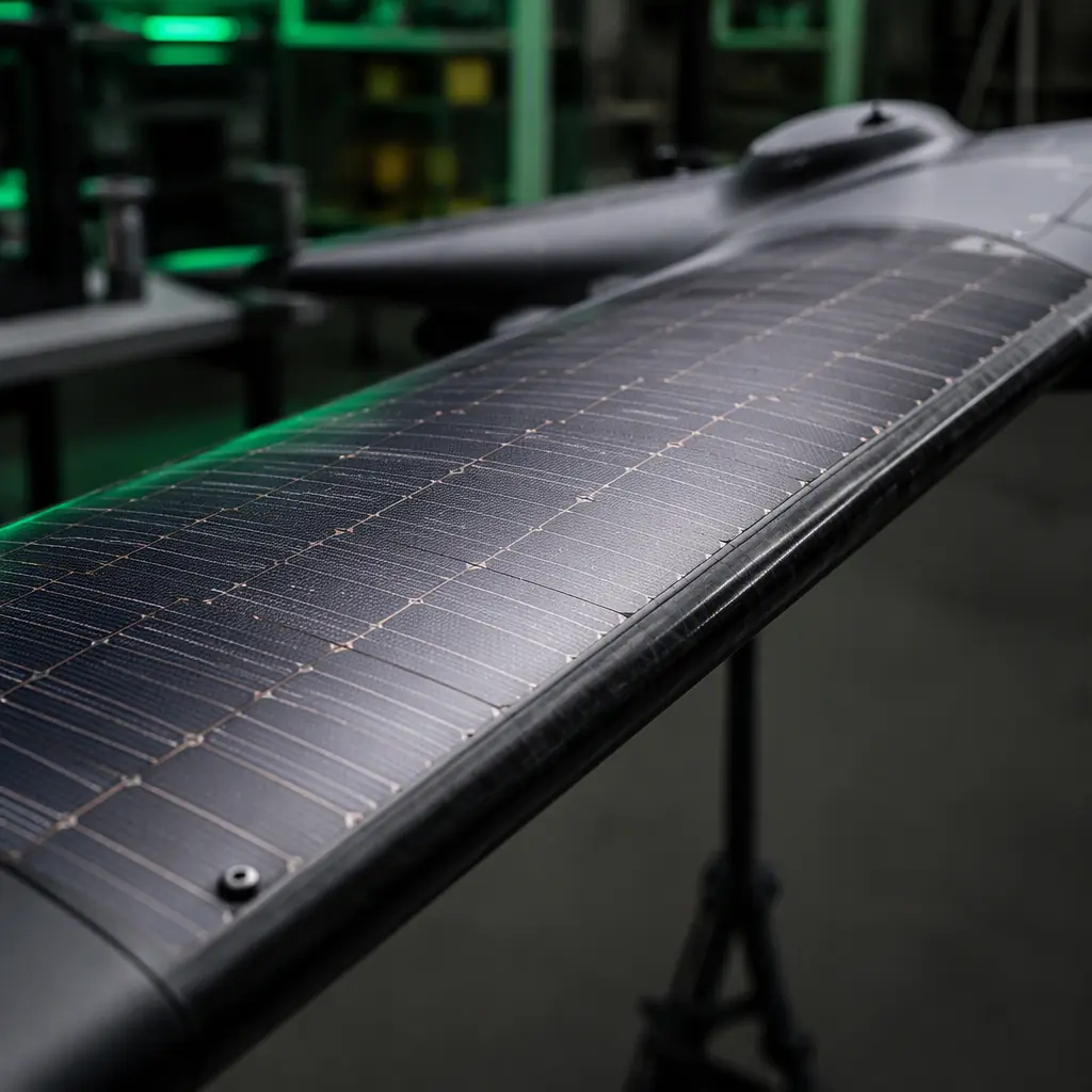 Close-up of photovoltaic cells laminated into the wing surface of a fixed-wing UAV, thin flexible solar panels with visible grid lines on dark composite wing skin, workshop background with green accent light, no people faces, no text, no logos