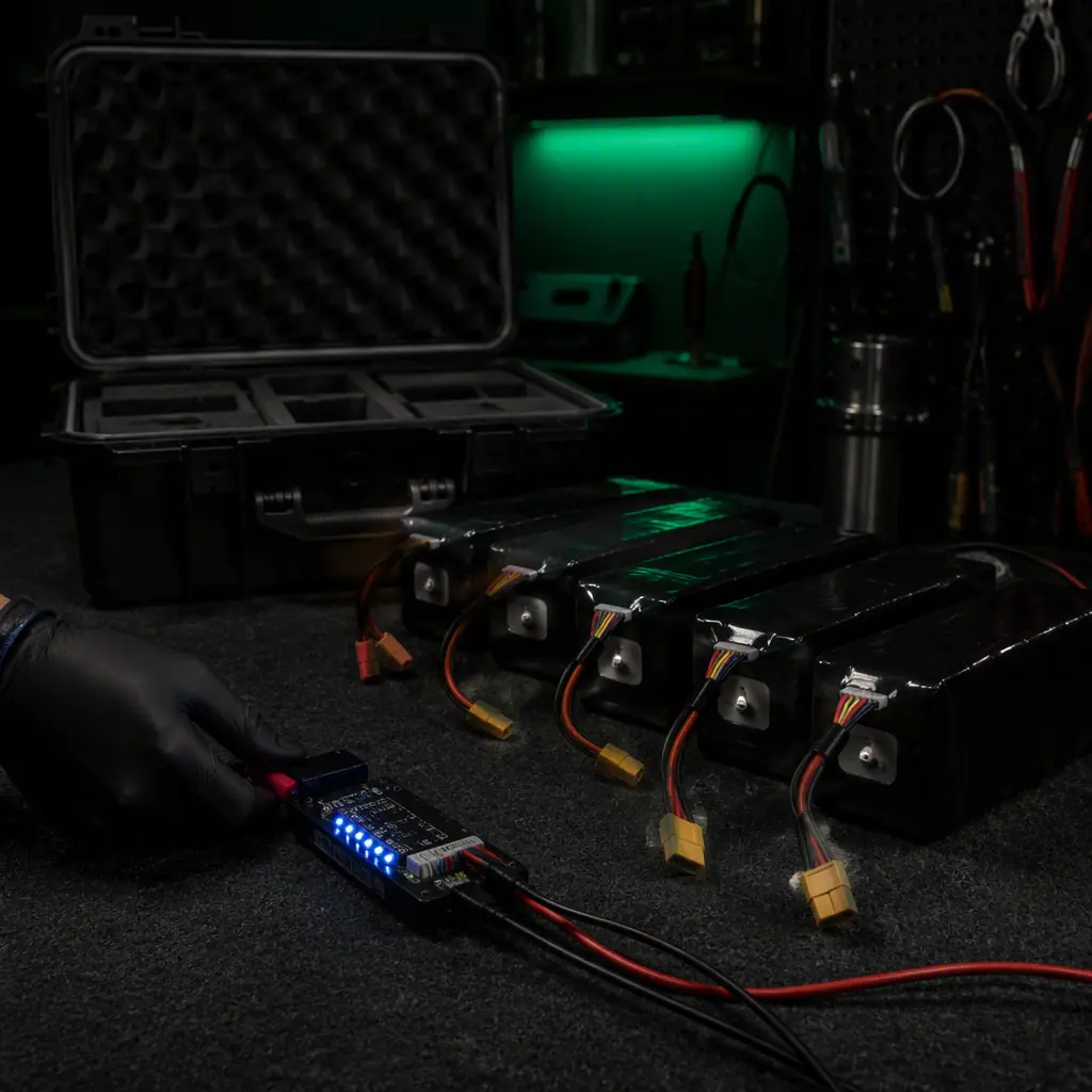 UAV lithium battery packs in storage mode on a charging bench — voltage checker displaying cell values, fire-resistant storage case in background, dark workshop with green accent light, no people faces, no text, no logos