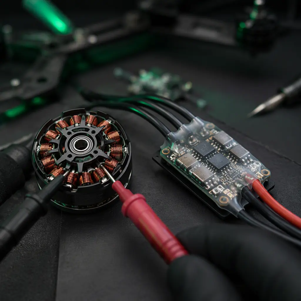 Macro photo of a UAV brushless motor and ESC being inspected on a test bench — multimeter probes on motor windings, heat-shrink and silicone wire, dark engineering bench with green accent light, no people faces, no text, no logos