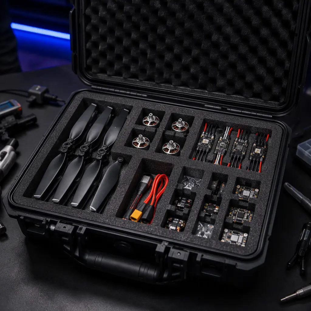Open hard-case spares kit with foam-cut trays holding UAV propellers, motors, ESCs and small electronics modules, organized layout on a workshop table, dark background with blue accent light, no people faces, no text, no logos