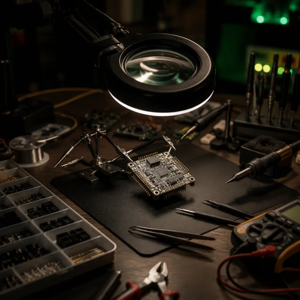 Electronics repair workbench with a UAV flight controller under a magnifying lamp — precision soldering station, anti-static mat, component trays and a multimeter, dark workshop with warm and green accent light, no people faces, no text, no logos